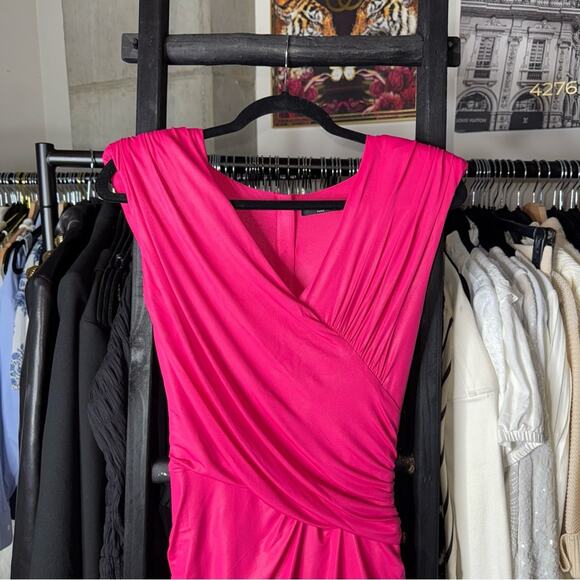 Balmain Fuchsia Ruched Mini Dress Metallic Shine V-Neck Pointed Shoulder - Picture 6 of 16
